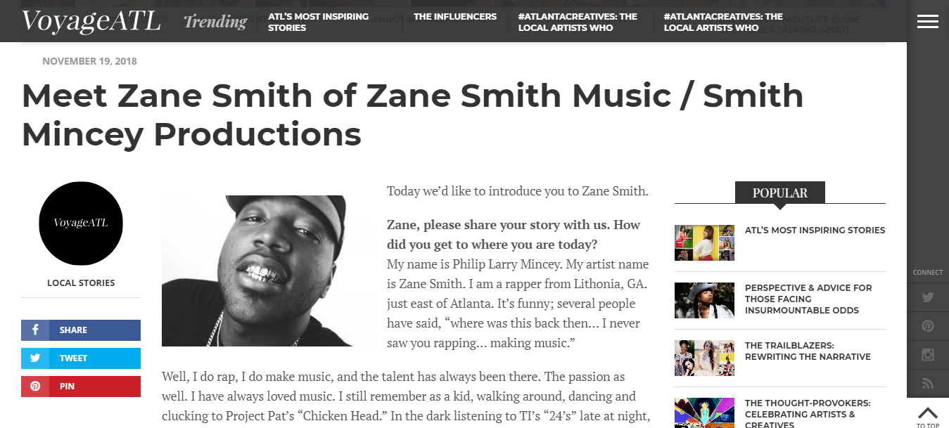 Screenshot of Metro Atlanta rapper Zane Smith’s recently published article with VoyageATL.